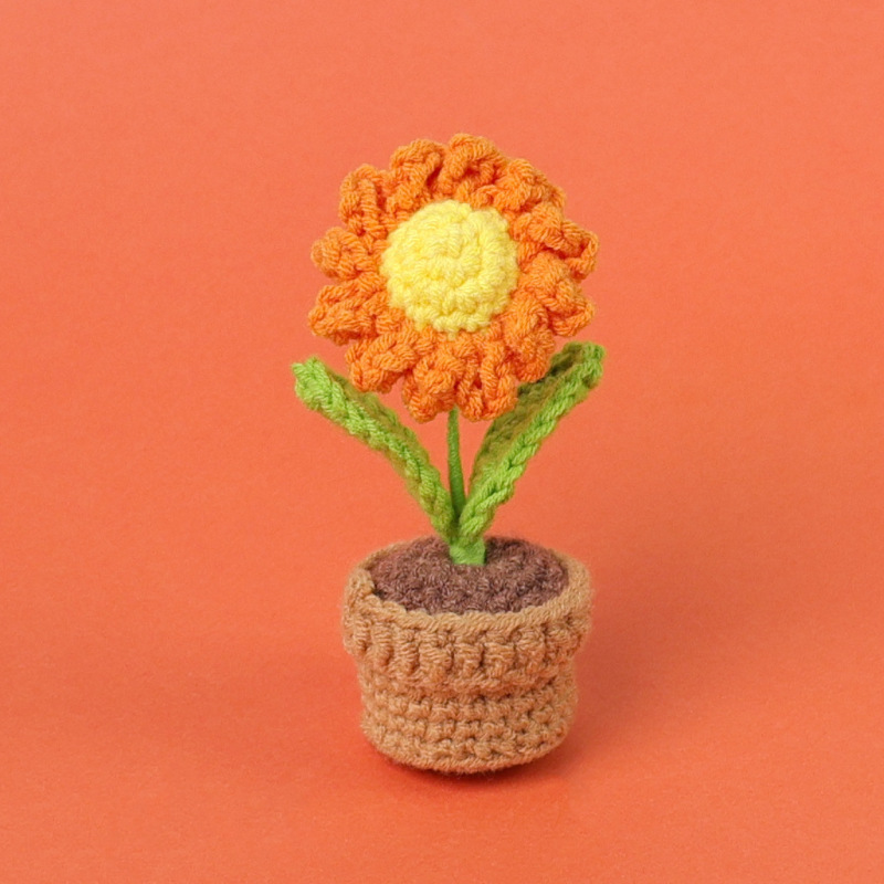 完成品クロスボーダー手作りウールかぎ針編み忘れなしひまわり模擬花鉢植えクリエイティブデスクトップ装飾品車の装飾造花|undefined