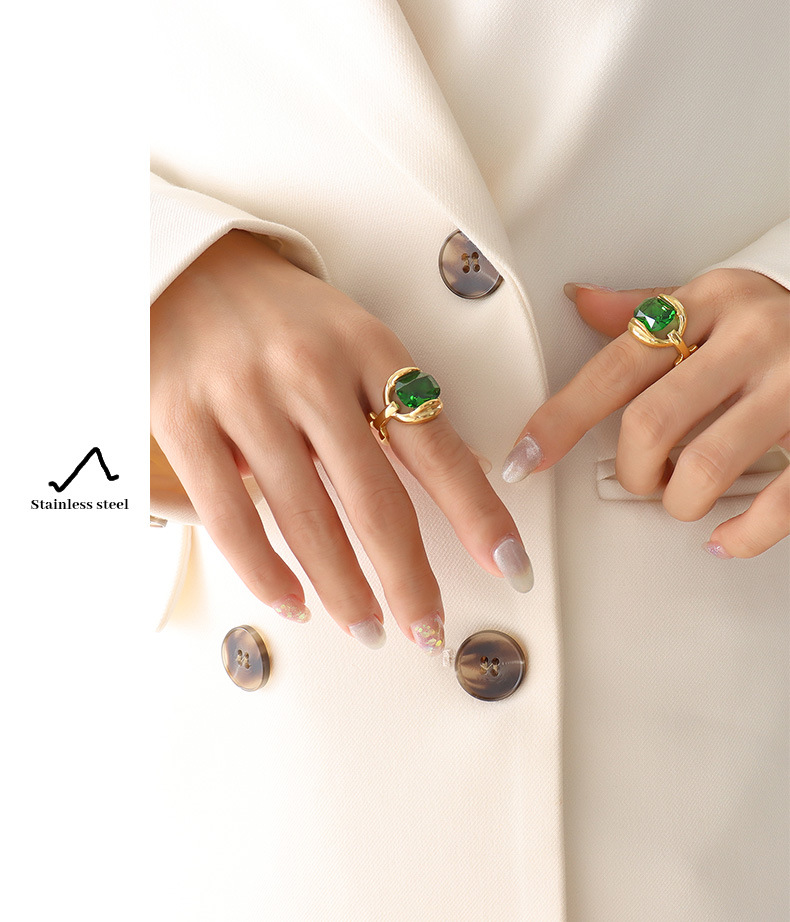 French Style Geometric Titanium Steel Rings Plating Artificial Crystal Stainless Steel Rings