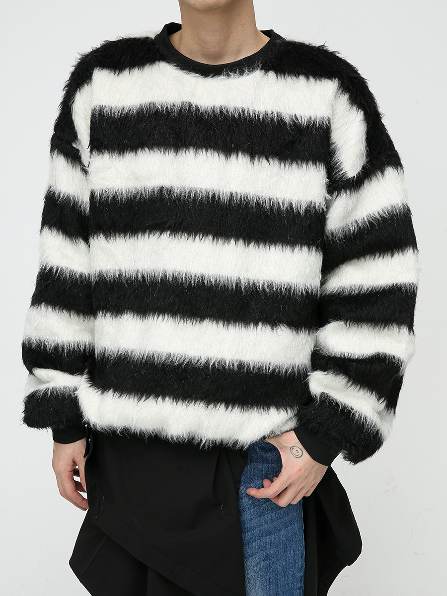 Ropa para hombre MTLCLOTHES | Suéter holgado de estilo coreano con cuello redondo en contraste de color, estilo retro, a rayas y acolchado para hombre.