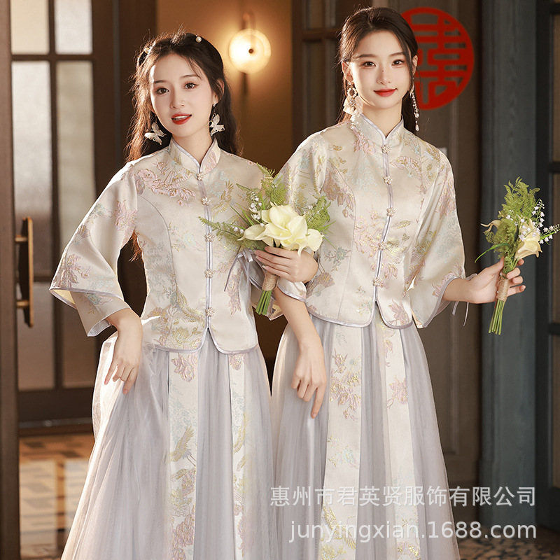 Bridesmaid Dress Chinese Sister Dress Grey Dress Slimming National Style Cheongsam Niche High-end Xiuhe Bridesmaid Group Long Sleeve