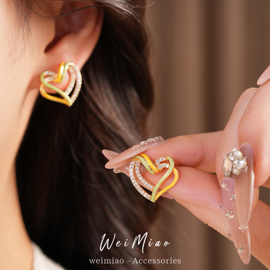 Aguja de plata de zircón de doble capa de amor pernos de orejas agujeros pequeños temperamento fresco dulce simple pendientes ligeros de lujo de alta calidad pernos de orejas