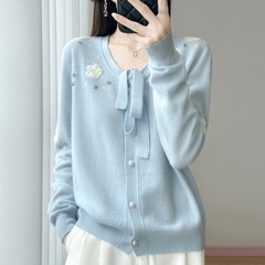 秋季新款V领系绳100羊毛针织开衫女宽松拼色绣花长袖羊绒针织毛衣