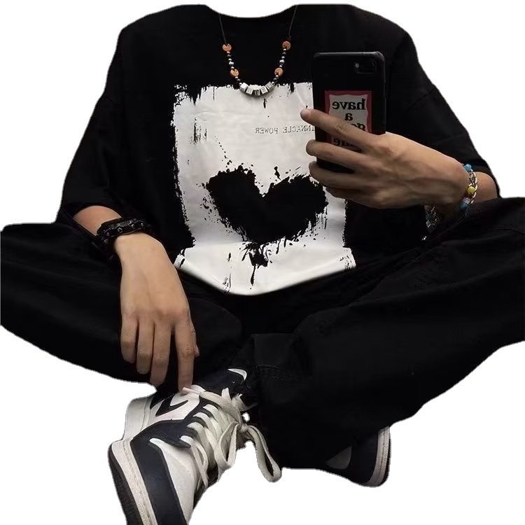 Camiseta de manga corta para hombre suelta marca de moda High Street Harajuku estilo media manga de moda estilo de Hong Kong todo partido ropa de verano para parejas