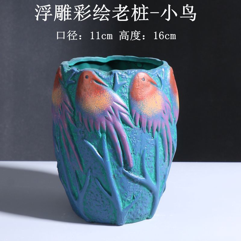 浮雕彩绘老桩-小鸟