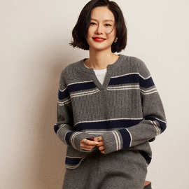 软山羊绒女复古条纹宽松长袖拼色拼接套头针织衫秋冬打底衫毛衣女
