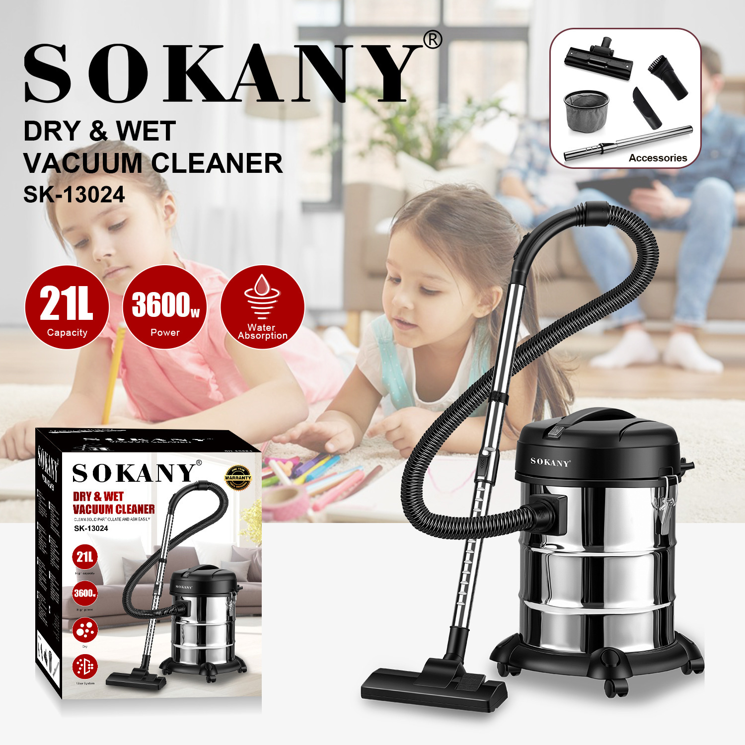 수출 SOKANY13024 진공 청소기 가정용 4.5m 라인 길이 습식 및 건식 진공 청소기 21L 먼지 청소 버킷