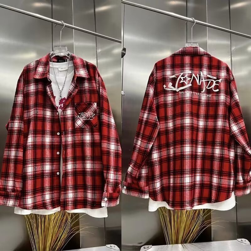 American Retro Red Plaid Shirt for Men and Women, Couple's Thin Outerwear, Trendy Long-Sleeve Lettered Plaid Shirt American Retro Red Plaid Shirt for Men and Women, Couple's Thin Outerwear, Trendy Long-Sleeve Lettered Plaid Shirt