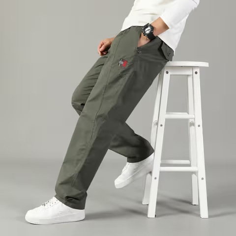 2026 Spring and Autumn Men's Cotton Work Pants, Straight Loose Comfortable Large Size Long Pants, Embroidered Casual Pants, Thin Style