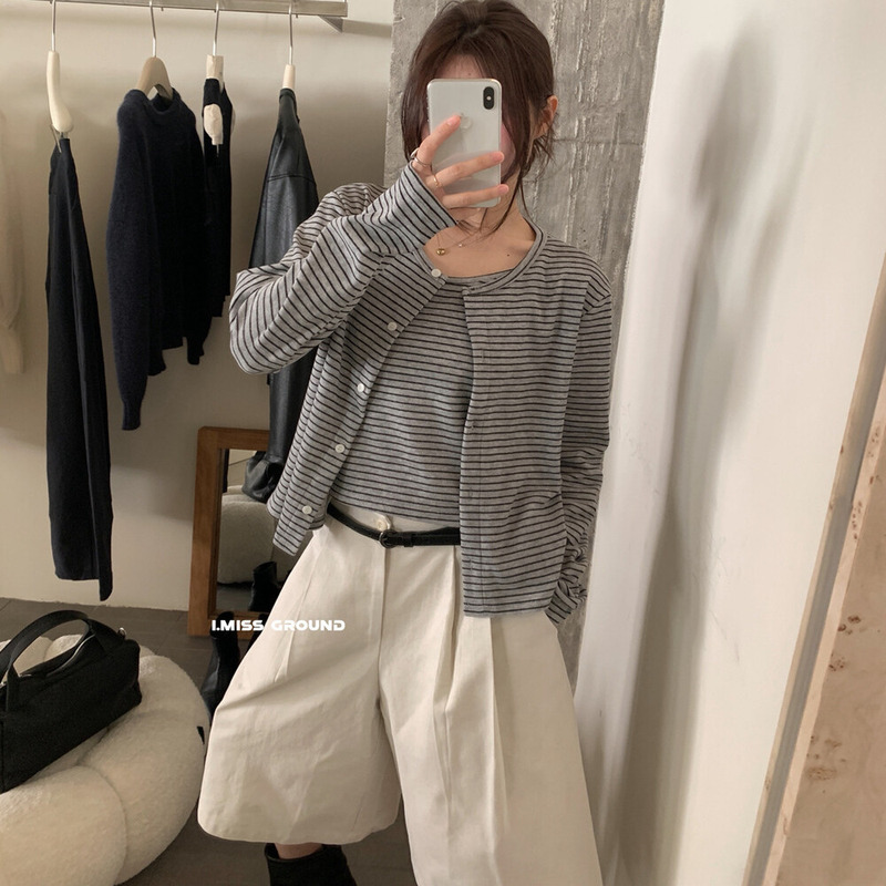 i miss2025秋季新款气质条纹针织开衫加内搭背心两件套女时尚套装|undefined
