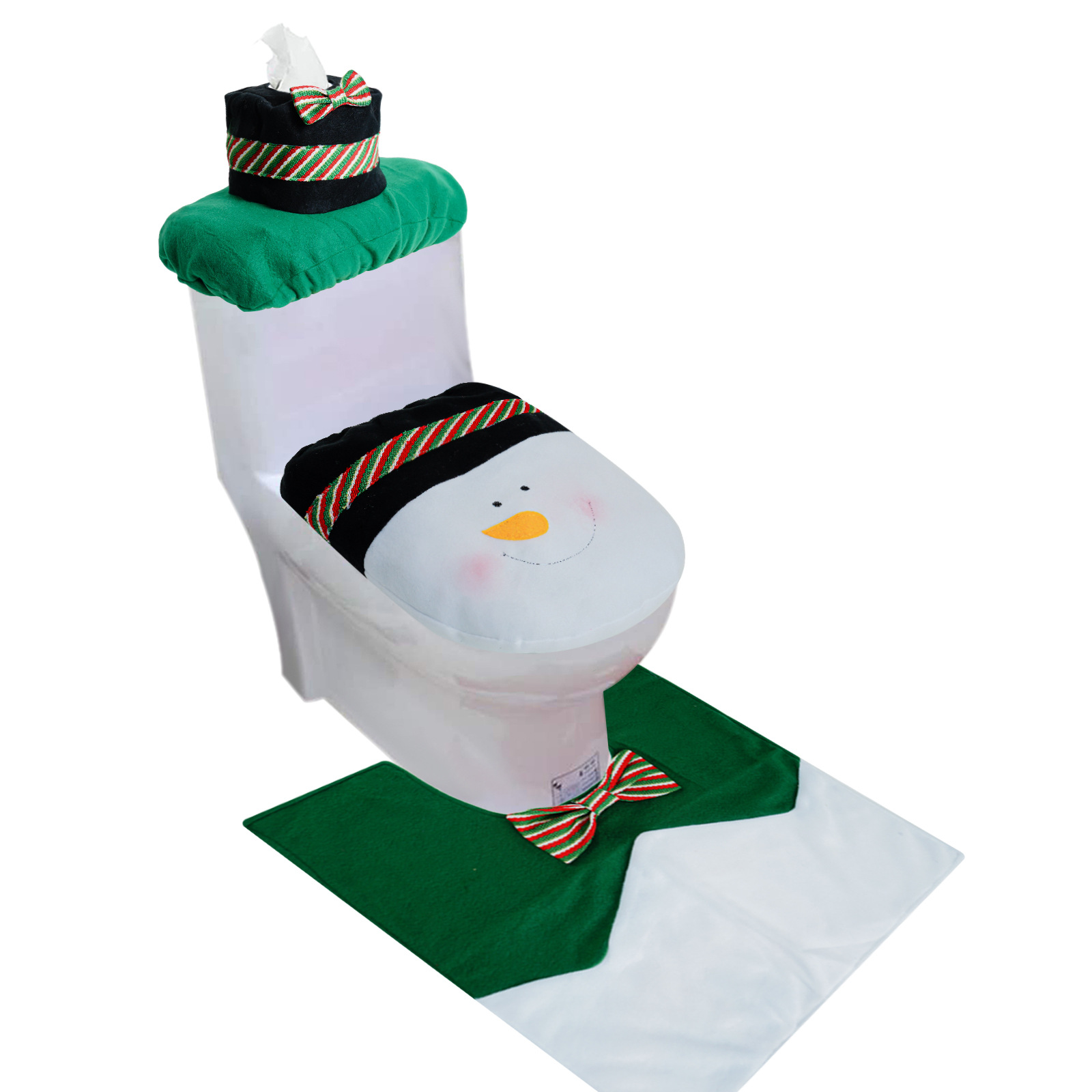 Navidad transfronteriza en stock cubierta de inodoro de Navidad ancianos muñeco de nieve cubierta del inodoro estera del piso cubierta del tanque de agua cubierta del tejido conjunto de tres piezas