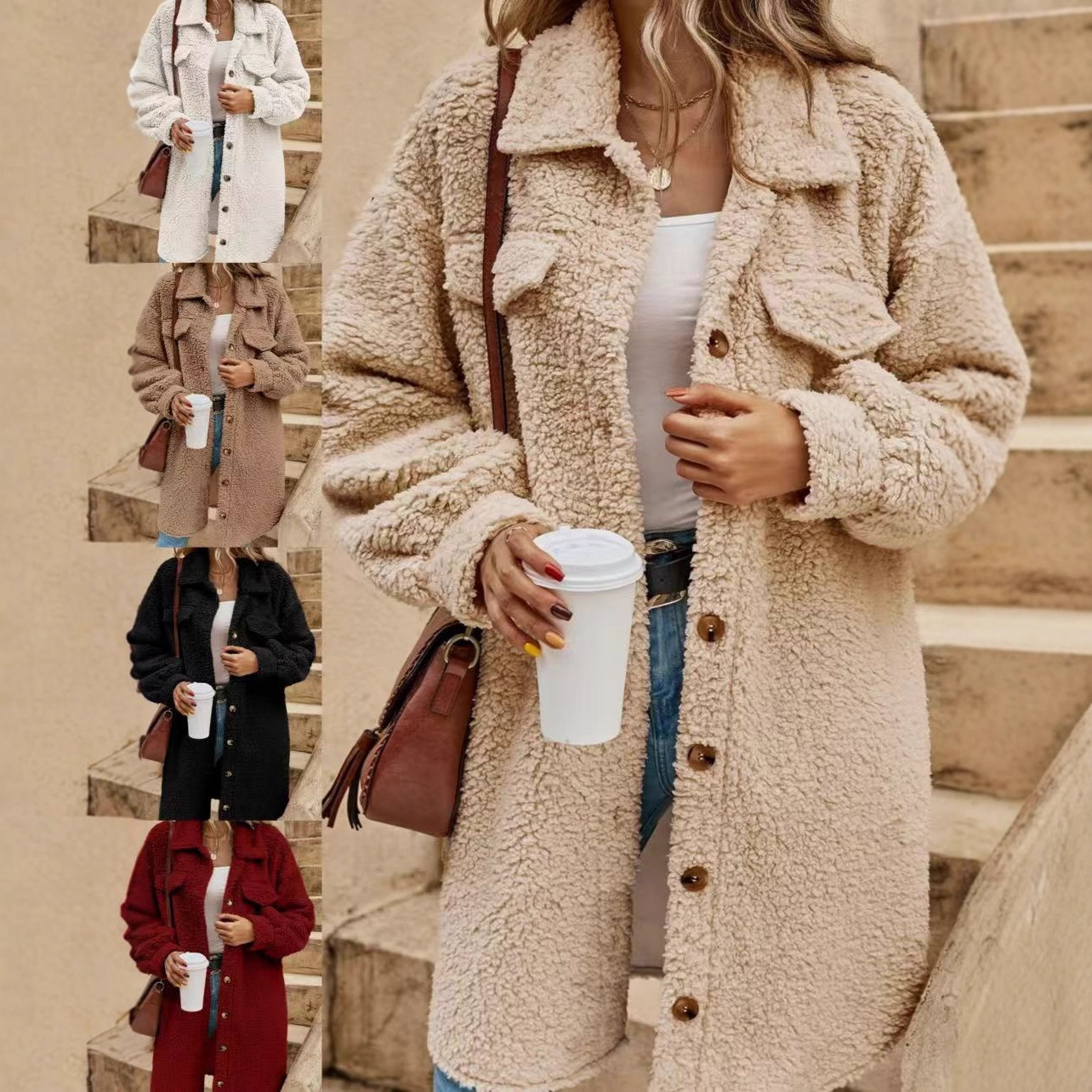 Winter Open-Button Lapel Plush Jacket Loose Temperament Long Coat For Women_ecoleips.com