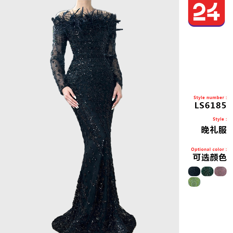 25 Export Black One-Shoulder Feather Fishtail Dress Accessible Luxury Elegant Elegant Celebrity Banquet Host Evening Dress