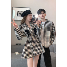 情侣装一裙一衣秋冬款小香风连衣裙女收腰名媛风法式衬衫男外套潮