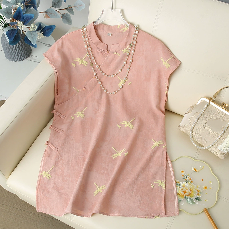 Новые топы в национальном стиле в китайском стиле для женщин, элегантные, универсальные топы для мам, летние футболки с короткими рукавами в стиле ретро с пряжкой.