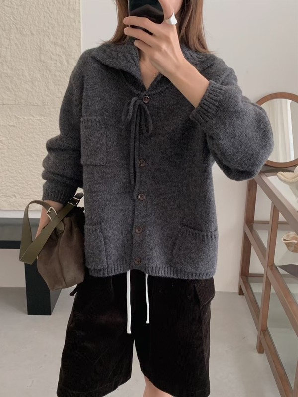 韩系设计感甜美蝴蝶结针织开衫女秋冬季新款宽松减龄洋气毛衣外套|undefined
