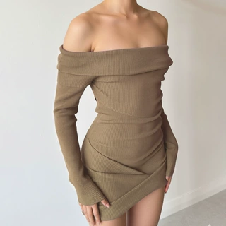 亚马逊欧美风性感气质女人时尚一字肩连衣裙纯欲风不规则包臀短裙