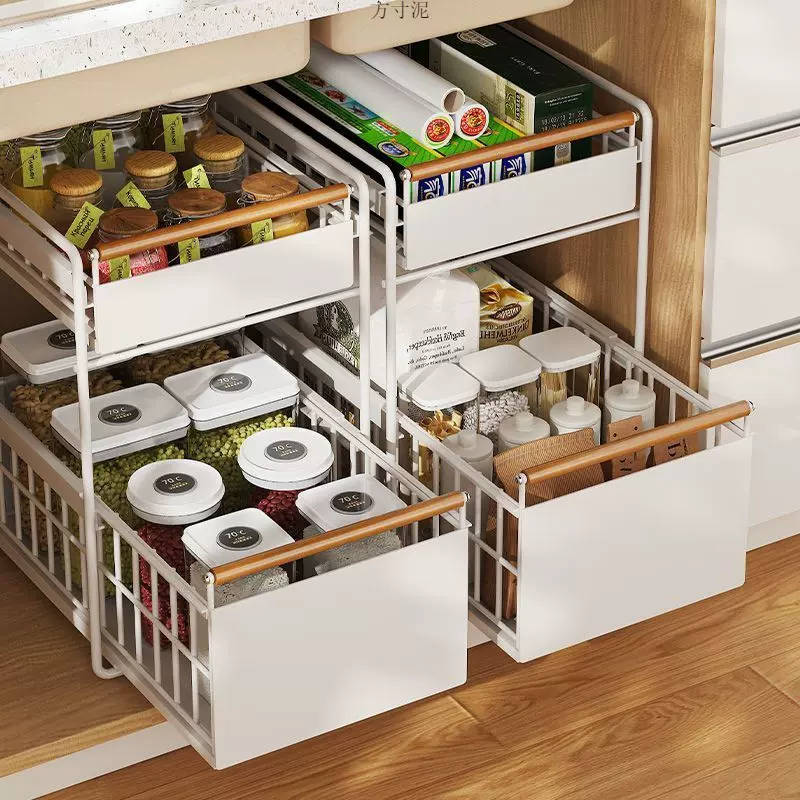 厨房橱柜拉篮下水置物架多功能碗碟调料收纳抽拉式分层架子铁艺厂
