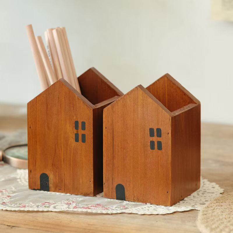 Casa de madera modelada lápiz de escritorio cepillo de maquillaje almacena lápiz cepillo papelería lápiz cepillo cartucho decoración ornamentos