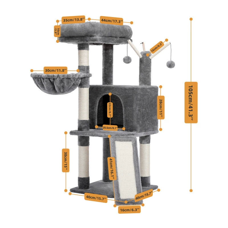 Multi‑level cat tree, plush cozy condo with scratching posts and hanging toys, multiple color codes