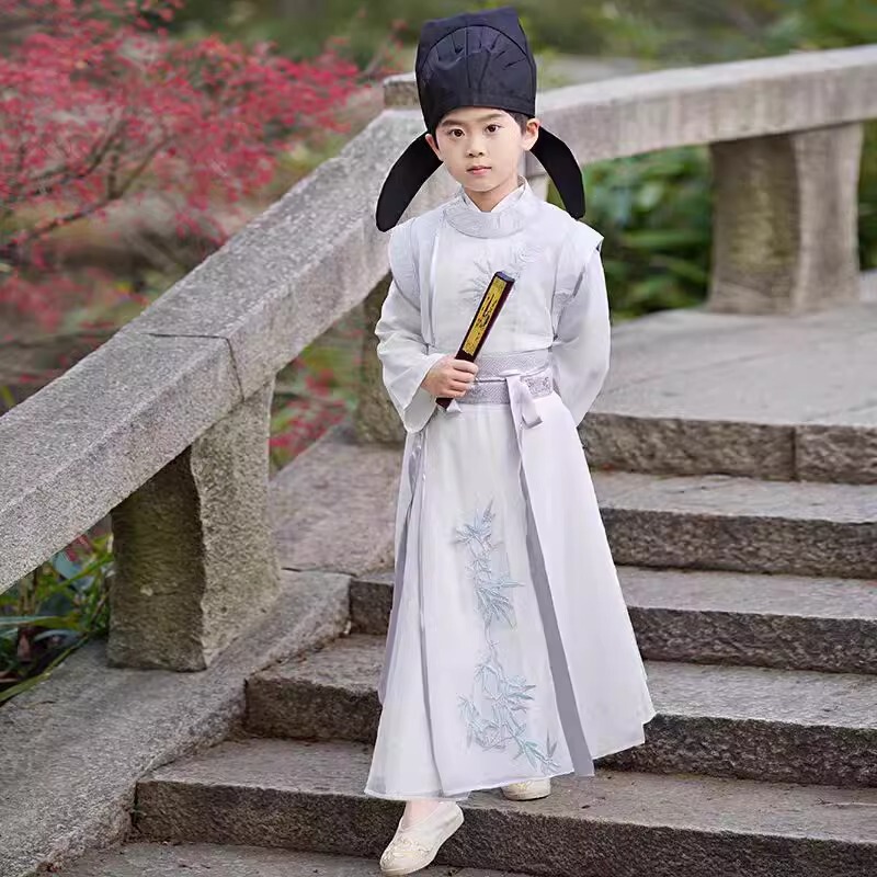 Boys' Hanfu Spring and Autumn Tang Suit Tang Dynasty Li Bai Suit Crewneck Robe Children's Ancient Costume Scholar Guoxue Ancient Poetry Performance Costume