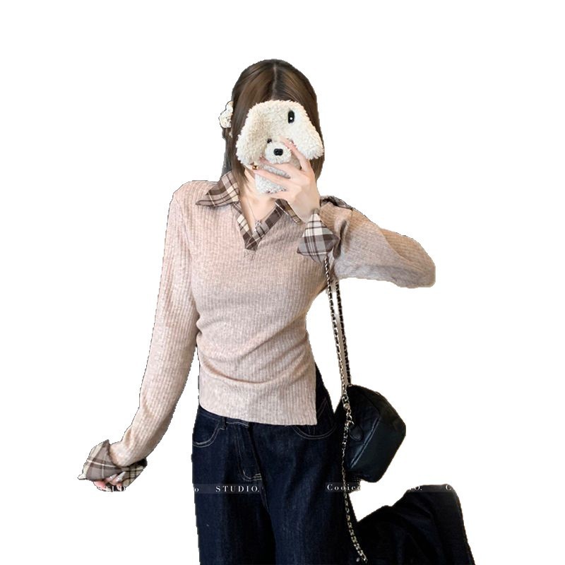 polo领长袖t恤女春秋设计感假两件辣妹收腰显瘦打底衫内搭上衣潮|undefined