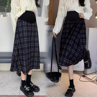 Pregnant Women's Plaid Skirt Autumn and Winter New All-match Plaid Woolen Large A- Line Belly Long Dress