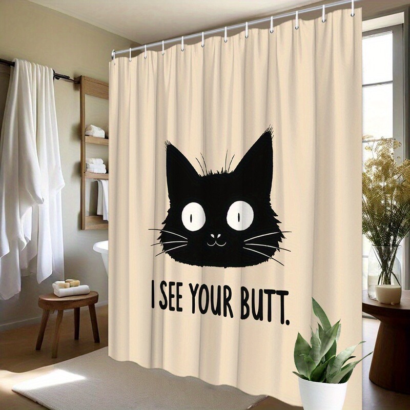Humorous Cat Outline Shower Curtain - "I See Your Butt" Bold Font, Custom Design Based on Your Image