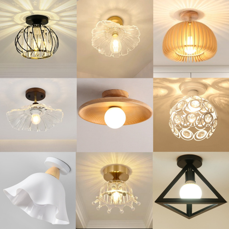 Single-Head Ceiling Light for Entryway Corridor, Light Luxury Home Ceiling Light, Single-Head Ceiling Light, Wood Minimalist Balcony Light