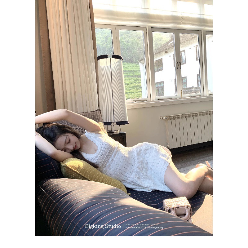 White Hollow Knitted Vest Dress Women's Summer Jacquard Waist Sleeveless White Dress