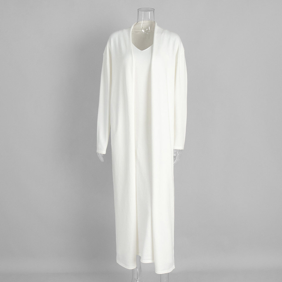 Bộ đầm dài kèm áo cardigan dệt kim dài tay nữ — Màu cà phê đậm, Màu hồng, Màu trắng, Màu xám chi tiết 3