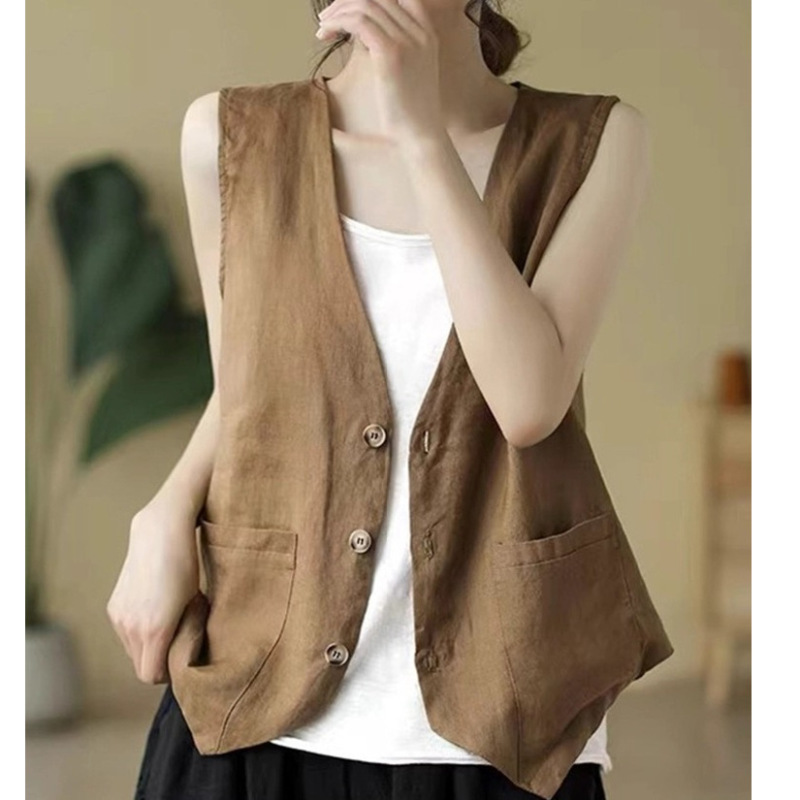 Southeast Asia Spring and Autum Large Size Loose Elegant Casual Western Style Age-Reducing Cotton and Linen Solid Color Vest Top Foreign Trade Wholesale Southeast Asia Spring and Autum Large Size Loose Elegant Casual Western Style Age-Reducing Cotton and Linen Solid Color Vest Top Foreign Trade Wholesale