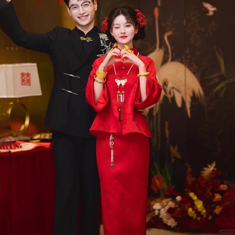 新款婚服敬酒服旗袍新中式新娘订婚礼服套装轻奢红色结婚晨袍|undefined