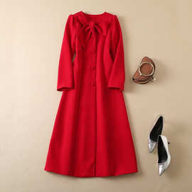 凯特王妃同款22秋季新款女装圆领系蝴蝶结长袖红色单排扣气质长裙