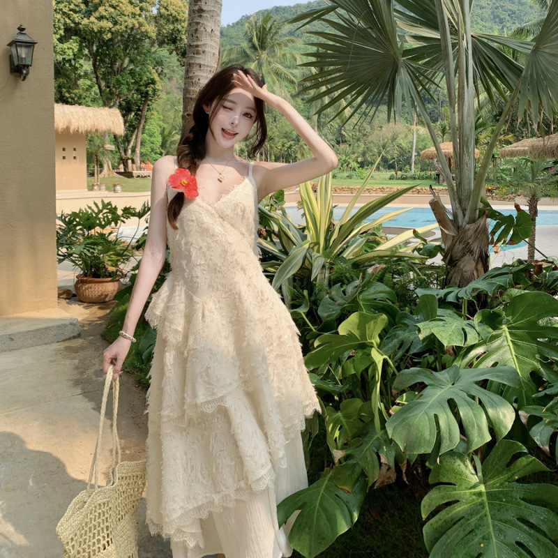 Elegant White Multi-layer Strap dress Women's Summer Feather Tassel Mid-length Skirt