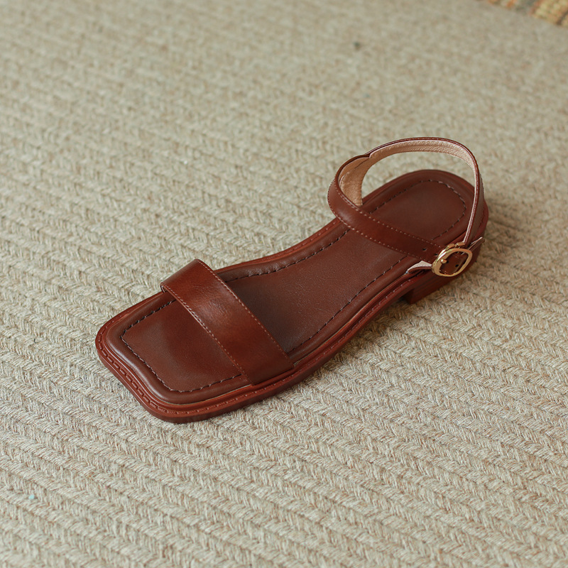 Sandal hở mũi nữ gót thấp quai ngang phong cách học đường — Màu nâu chi tiết 16