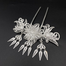 大银家 苗银银饰鸟语花香纯银小花双凤发钗古风秀禾婚庆新娘头钗