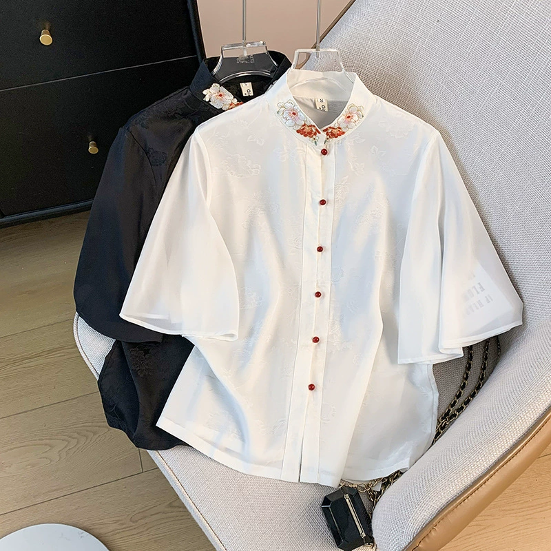 Настоящая фотография новой рубашки в китайском стиле с восточным жаккардовым воротником-стойкой и пуговицами с вышивкой и рукавами-колокольчиками, классический топ в китайском стиле династии Хань
