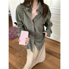 高品质细节精长袖衬衫女撞色上衣女设计打枣纽扣慵懒感长袖衬衫
