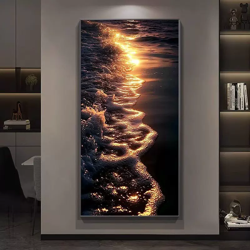 轻奢高级感入户玄关装饰画简约现代走廊过道尽头带灯挂画海浪壁画