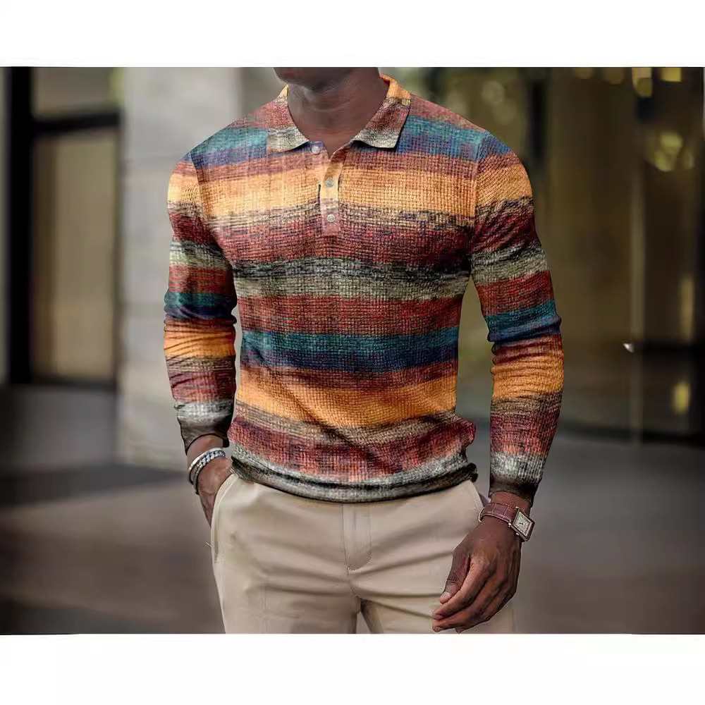 Comercio exterior transfronterizo primavera nuevos hombres Europa y América impresión 3D casual retro manga larga polo hombre Paul camisa