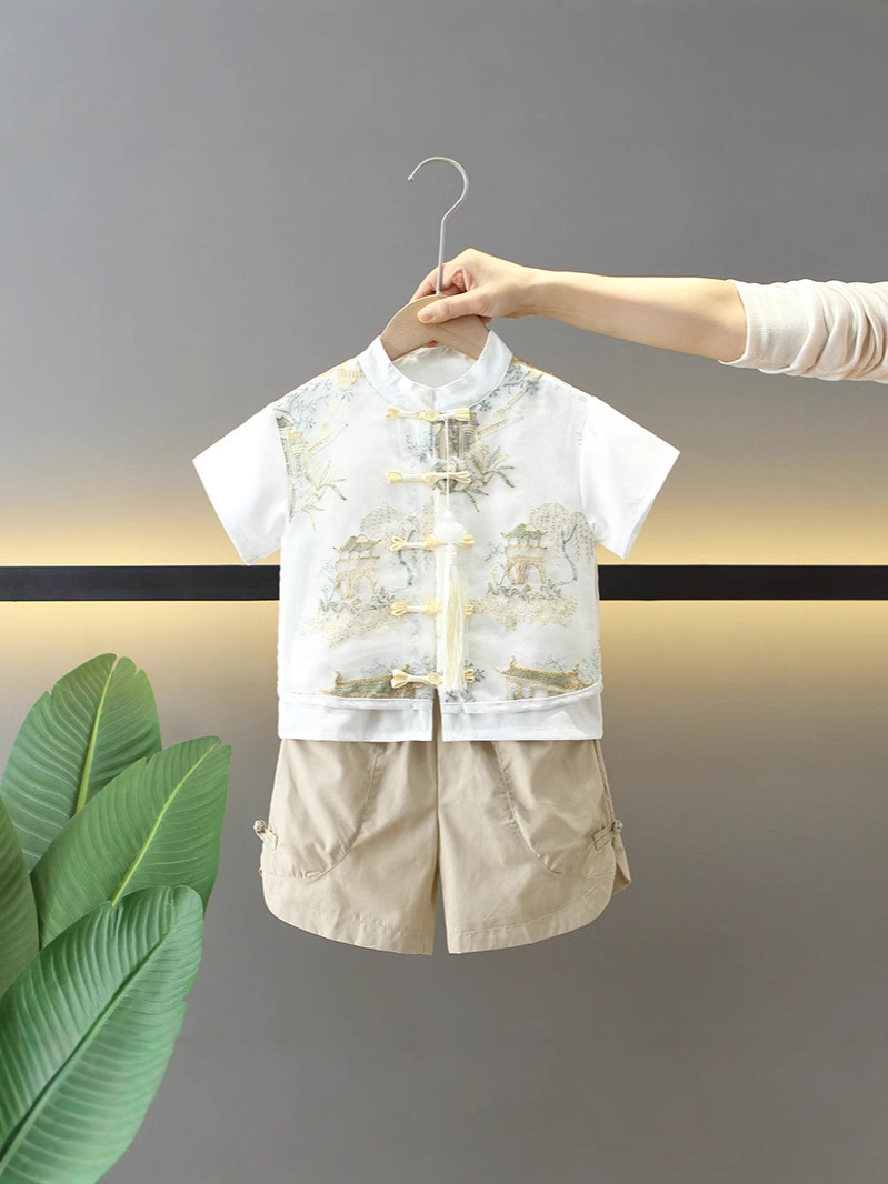 7863 traje de Hanfu de verano para niños 2025 ropa de verano de dos piezas de manga corta de estilo chino nuevo para niños