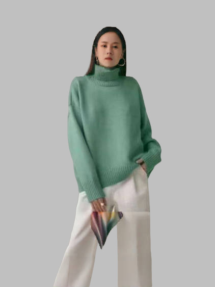 Comercio exterior transfronterizo de color sólido suéter de cuello alto mujeres Europa y América otoño y invierno suelto versátil clásico explosión camiseta de punto precio de fábrica al por mayor image 16