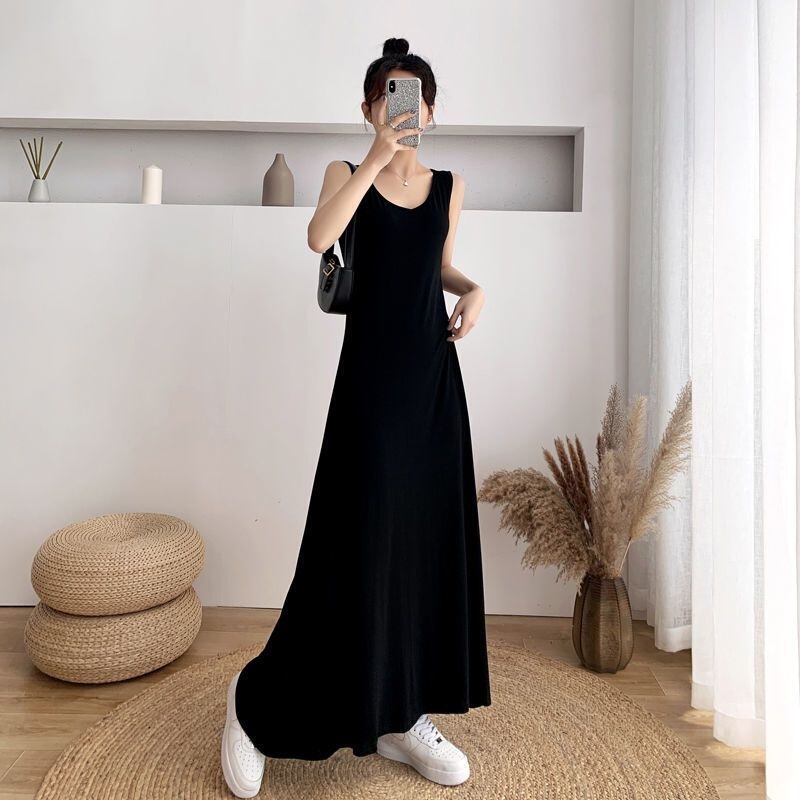 2026 Popular Ice Silk Dress, Ribbed Tank Dress, Mid-Length Versatile Dress for Both Inner and Outer Wear, Lazy Style Tummy-Covering Long Dress
