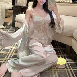 春秋季新款睡衣冰丝女长袖长裤纯欲风性感吊带家居服四件套可外穿