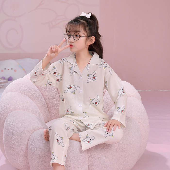 Pijamas infantiles primavera y otoño delgada espuma tela arrugada ropa para el hogar niñas dibujos animados aire acondicionado ventilado ropa de verano