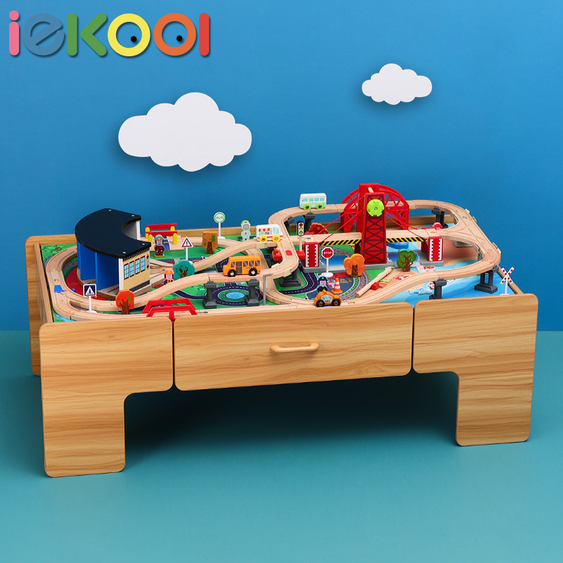 iekool children wooden track toy table garage suspension bridge seaside city scene compatible Thomas track