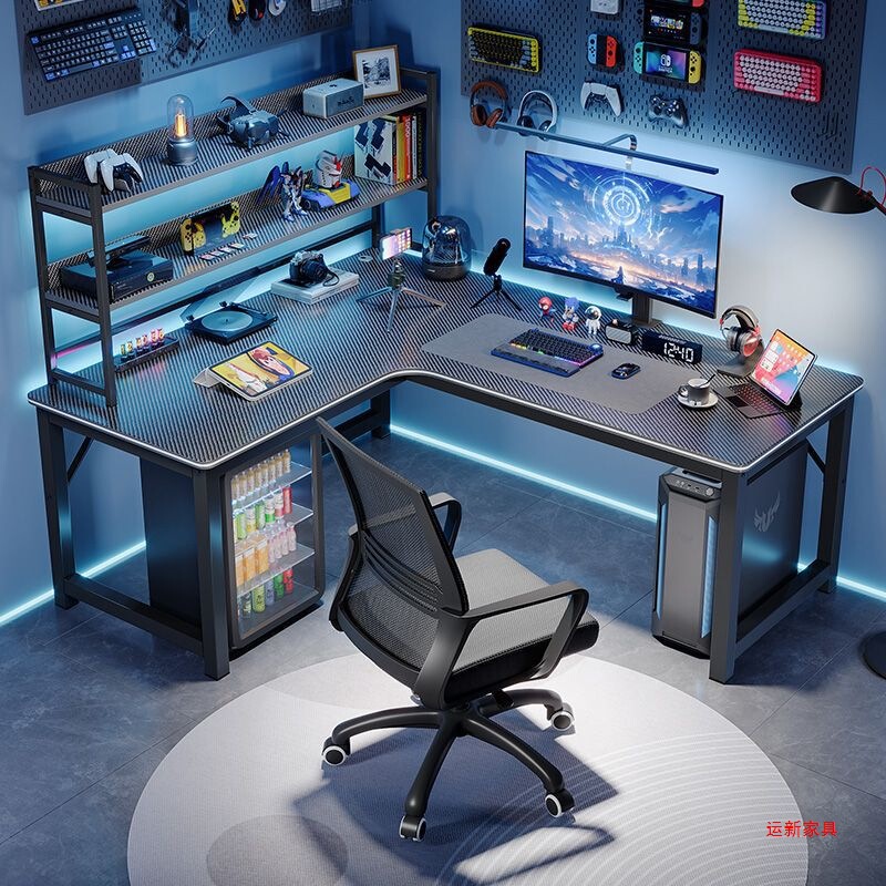 Double Desktop Corner Computer Desk for Home Use, Carbon Fiber Color Corner Desk, Simple Corner Wall-Mounted Office Desk for Bedroom