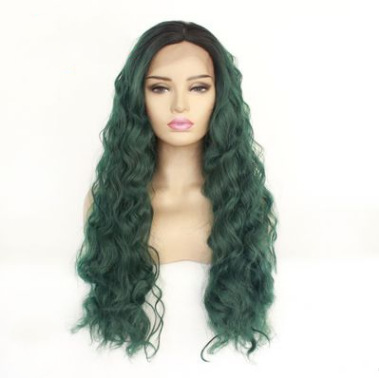Funda de peluca de comercio exterior Estilo de moda europeo y americano, cabello largo y rizado verde ondulado, peluca de encaje frontal LW0294