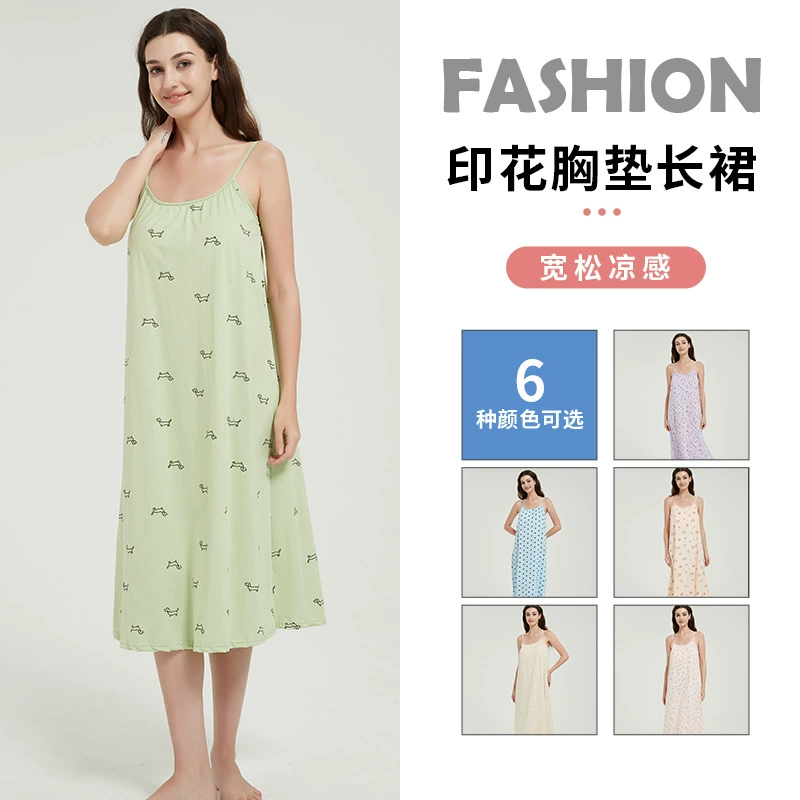 Женская пижама из чистого хлопка со встроенными подушечками для груди и подтяжками, сексуальная ночная рубашка, домашняя одежда, милое платье средней длины плюс жир.