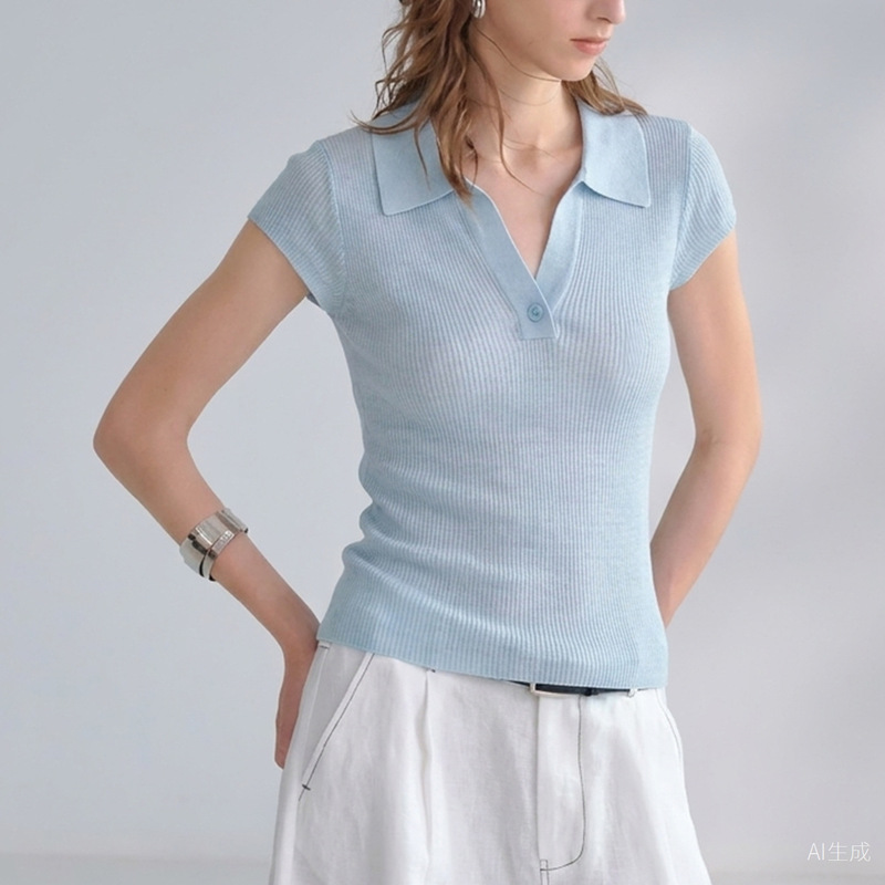 Elegant Linen Short-Sleeve Knit Top for Women, Summer V-Neck Commuter Shirt, Stylish Small Turn-Down Collar Cotton-Linen Slim-Fit Polo Shirt